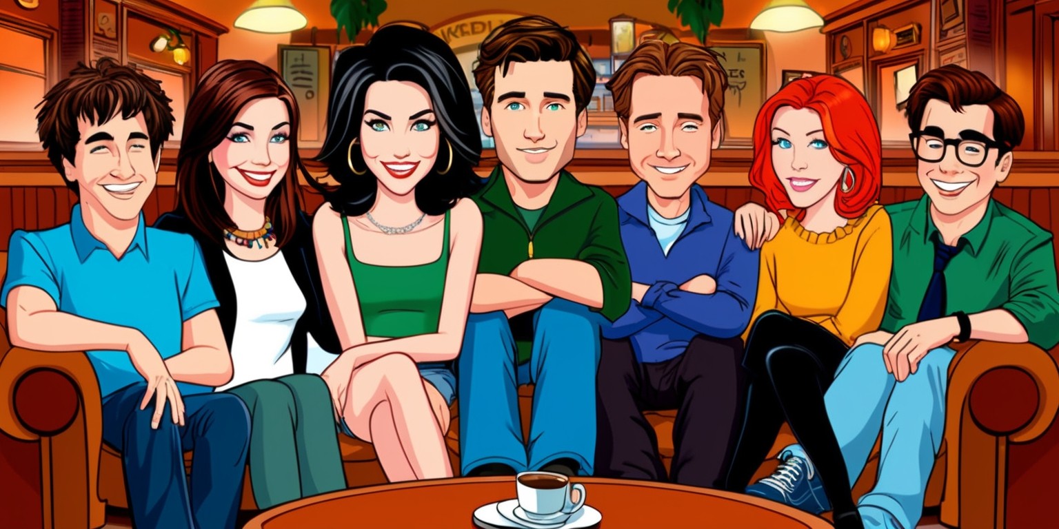 A colorful illustration depicting the six main characters from the popular American sitcom Friends sitting on a couch in Central Perk, the iconic coffee shop from the show. Joey Tribbiani, with his charming smile and messy brown hair, is seated at the far left, followed by Monica Geller, with her sleek dark hair and bright white smile. Rachel Green, featuring her signature layered haircut and expressive blue eyes, is placed beside Monica. Across from them, Chandler Bing, showcasing his sarcastic grin and rugged brown hair, sits next to Phoebe Buffay, with her quirky style and vibrant red hair. Lastly, Ross Geller, sporting his geeky glasses and brown hair, completes the group. The friends are surrounded by warm coffee shop lights, rich wooden tones, and eclectic decorative elements, capturing the show's lively and humorous atmosphere.