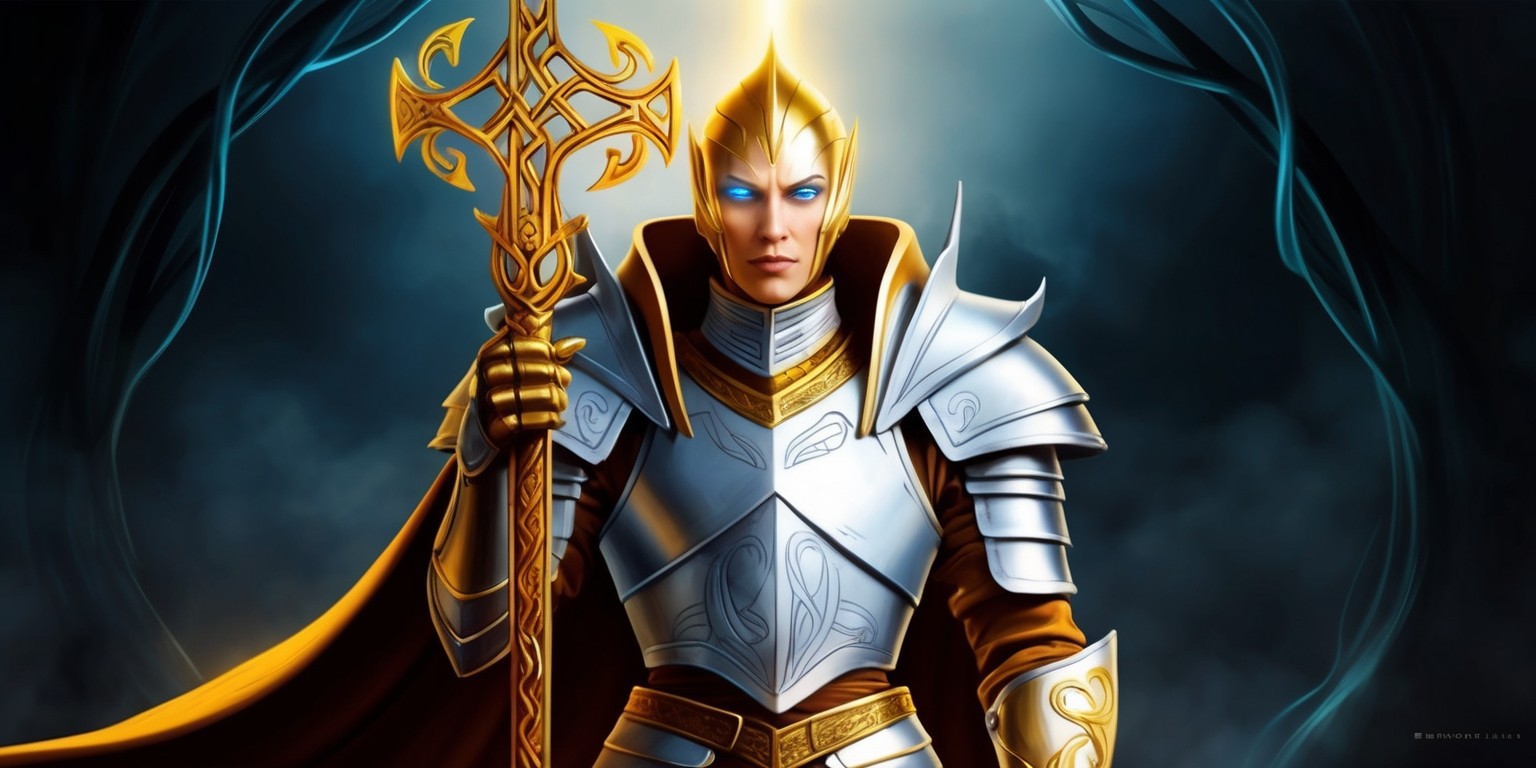 A majestic, golden-lit illustration of the Veilguard, a sacred organization from the Dragon Age universe, set against a dark, misty background that evokes a sense of mystique and ancient wisdom. In the foreground, a regal, armor-clad figure with piercing, ethereal blue eyes and skin with a warm, golden undertone stands proudly, grasping an ornate, glowing staff adorned with intricate, Celtic-inspired patterns. The figure's facial features are strong, with high cheekbones and a determined jawline, conveying wisdom, courage, and authority. The armor is a mix of silver and gold, with subtle, mystical runes etched into the metal. The overall aesthetic is a blend of medieval fantasy and mystical, otherworldly elements, with bold, dynamic lines and vibrant, jewel-toned colors. The image exudes a sense of grandeur, heroism, and epic storytelling.