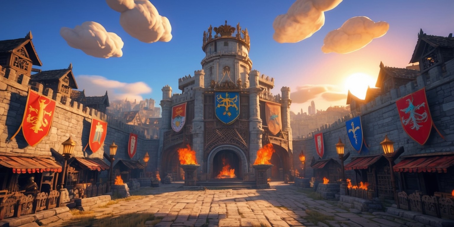 A grand, ornate arena stands tall in the center, surrounded by a bustling medieval-inspired cityscape, with stone buildings, torches, and banners bearing the crests of legendary warriors from the game For Honor, such as the Knights, Vikings, and Samurai, under a clear blue sky with clouds shaped like noble crests, as the sun sets behind the arena, casting a warm golden light, with hint of fiery red and orange hues, evoking a sense of epic battles to come, with subtle cracks and worn edges on the stone structures, suggesting a worn, battle-scarred history, as if the arena has witnessed countless legendary duels, and in the distance, the faintest outline of a castle looms, shrouded in mist.