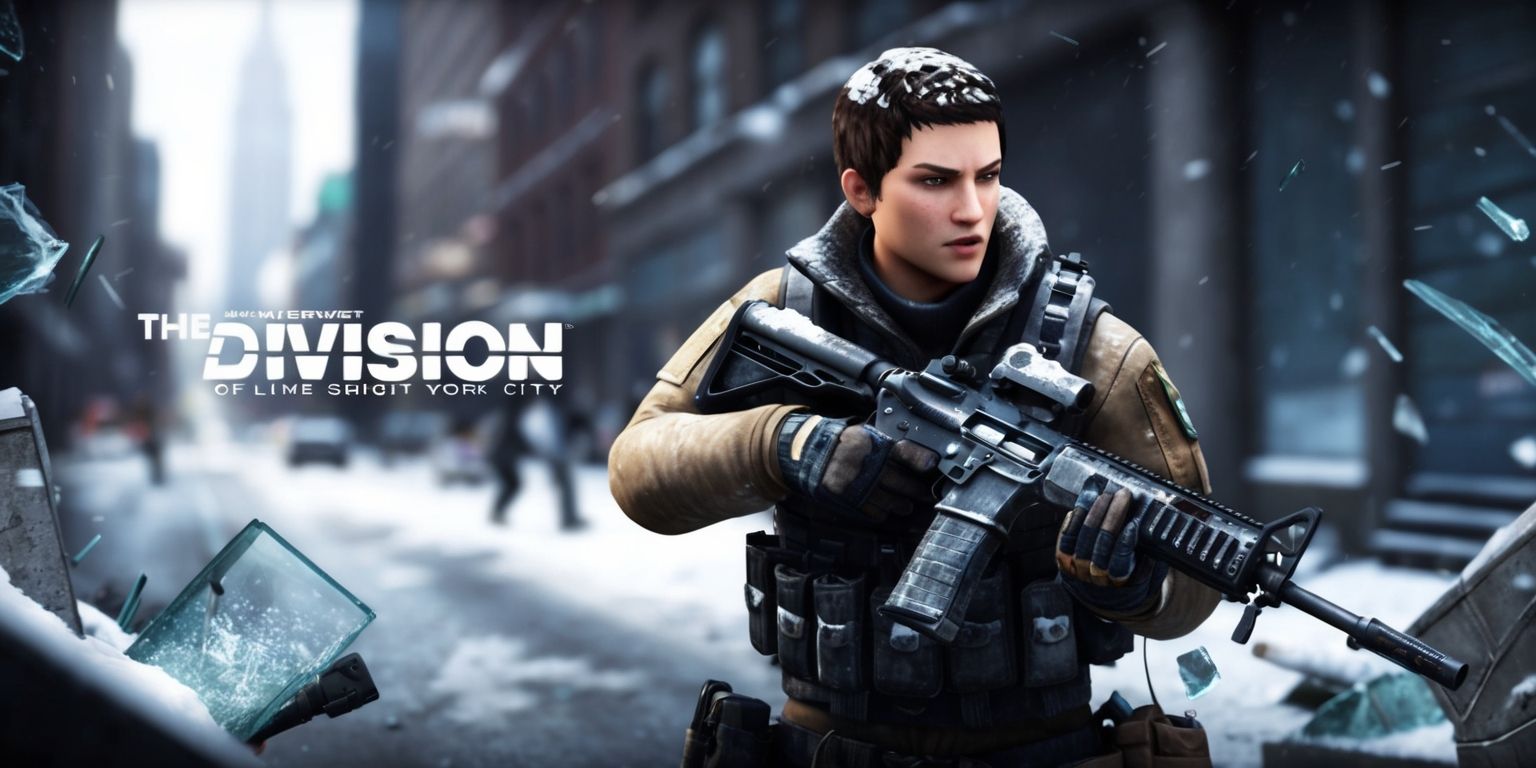 A dramatic scene from The Division online shooter game set in a post-apocalyptic New York City, with a focal point on a character clad in tactical gear, wearing a rugged expression, and holding a high-tech assault rifle, surrounded by a blurred backdrop of a snow-covered Manhattan street, with shattered glass and debris scattered everywhere, and a hint of chaos in the air, the character's facial features defined by a strong jawline, piercing eyes, and a determined gaze, with a dark and gritty color palette, and a mix of concrete and steel textures, the overall aesthetic exuding a sense of urban warfare and intense action, with the character's skin tone a warm beige and their hair a dark brown, cropped in a practical style, and the game's logo subtly integrated into the scene, in a metallic font with a bold, silver color.