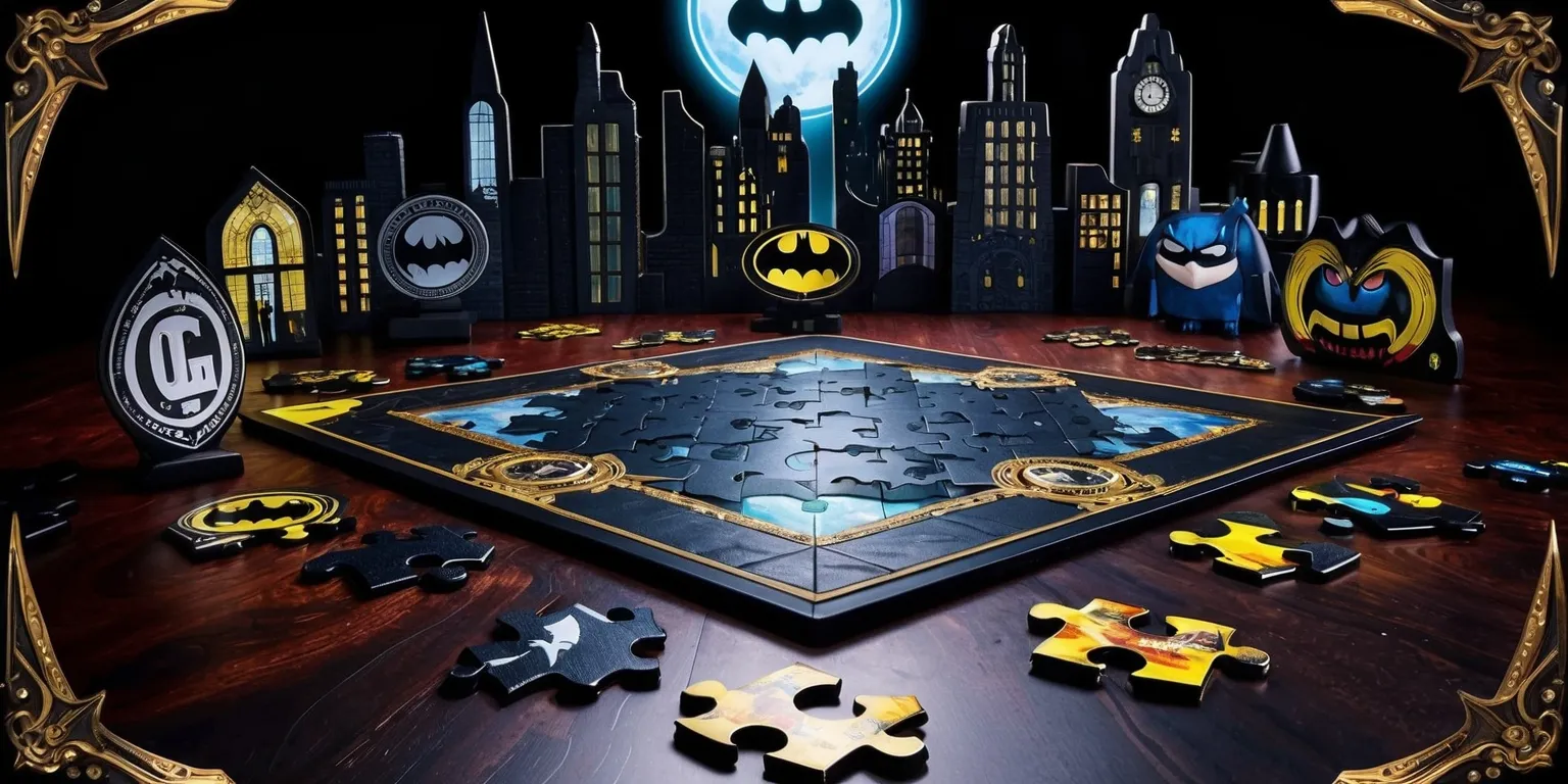 A intricately designed puzzle game set in the dark and gothic city of Gotham, with a stylized Gotham City skyline in the background, featuring bold and vibrant colors, the puzzle pieces are shaped like Gotham's iconic landmarks and characters, including the Bat-Signal, Gotham City Police Department badge, and the Joker's sinister grin, the game board is made of a rich, dark wood tone, with golden accents and ornate details, the puzzle pieces are scattered around the board, waiting to be solved, with a faint glow of the Bat-Signal shining in the distance, illuminating the dark and mysterious atmosphere of the game.