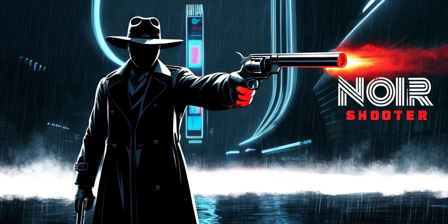 A dark and moody scene depicting a Retro Noir Shooter game, set in a rainy, neon-lit cityscape with a lone protagonist standing in the foreground, dressed in a long, black trench coat with a wide-brimmed hat and holding a vintage revolver, with a bold, crimson glow emanating from the muzzle, against a backdrop of sleek, futuristic skyscrapers and classic, film noir-inspired typography, with a predominantly dark color palette featuring shades of indigo, charcoal, and smoke, punctuated by flashes of bold, primary colors, and a sense of gritty, cinematic realism, with the protagonist's face obscured by shadows, adding to the air of mystery and tension, and a shallow depth of field, drawing the viewer's eye to the protagonist and the gun.