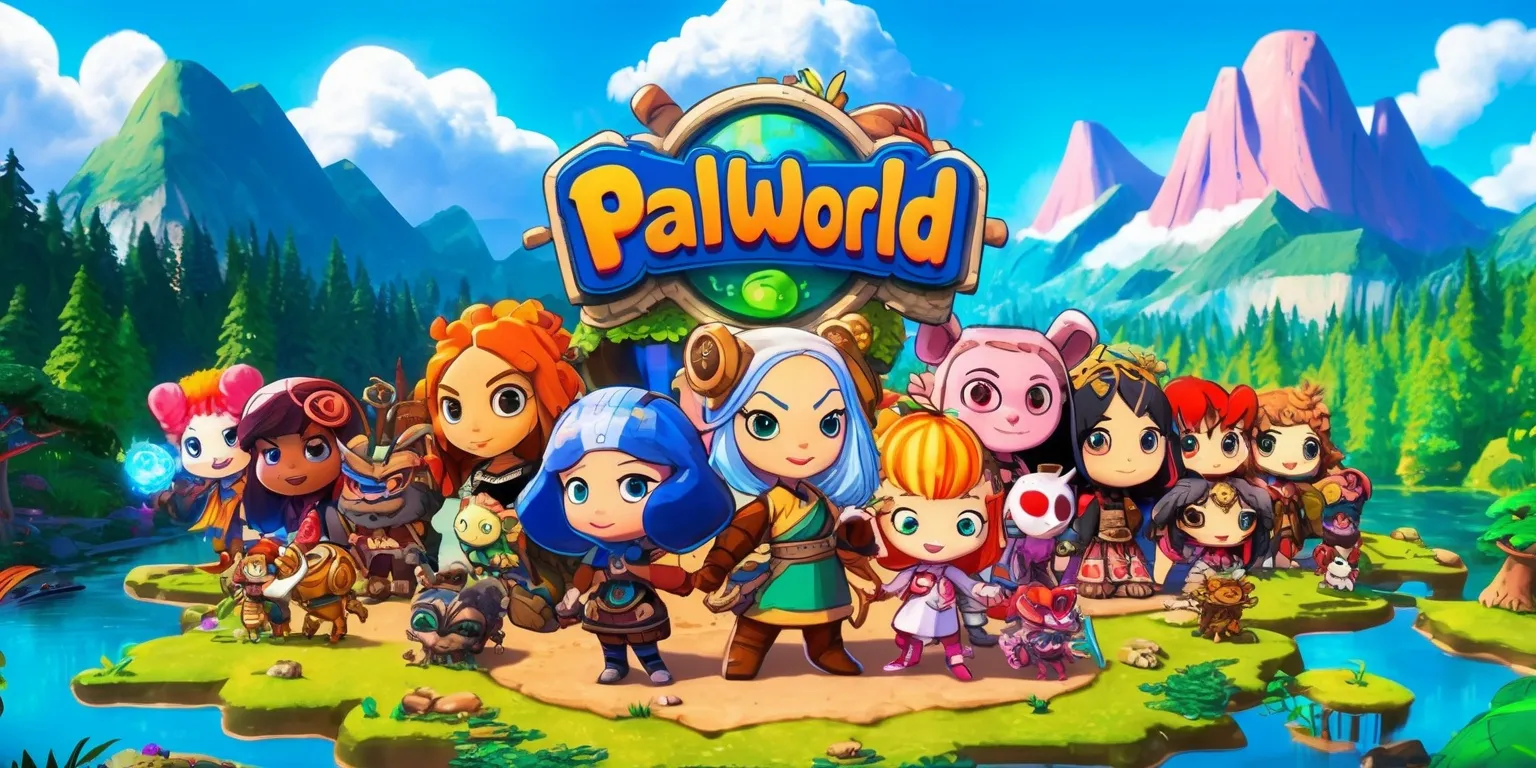 A vibrant and colorful digital illustration of the Palworld game, featuring a diverse group of characters and Pals, set against a stunning backdrop of lush green forests, towering mountains, and serene lakes, with a bright blue sky and fluffy white clouds, the characters having unique facial features, various skin colors, and distinctive accessories, the Pals showcasing their individual attributes and abilities, the overall style resembling a mix of anime and fantasy elements, with bold lines, intricate textures, and delicate patterns, the layout showcasing a sense of adventure and exploration, with the characters and Pals interacting and exploring their surroundings, the color palette consisting of pastel shades, earthy tones, and vibrant hues, with a sense of depth and dimensionality, and a subtle glow effect to emphasize the magical and fantastical elements of the game.