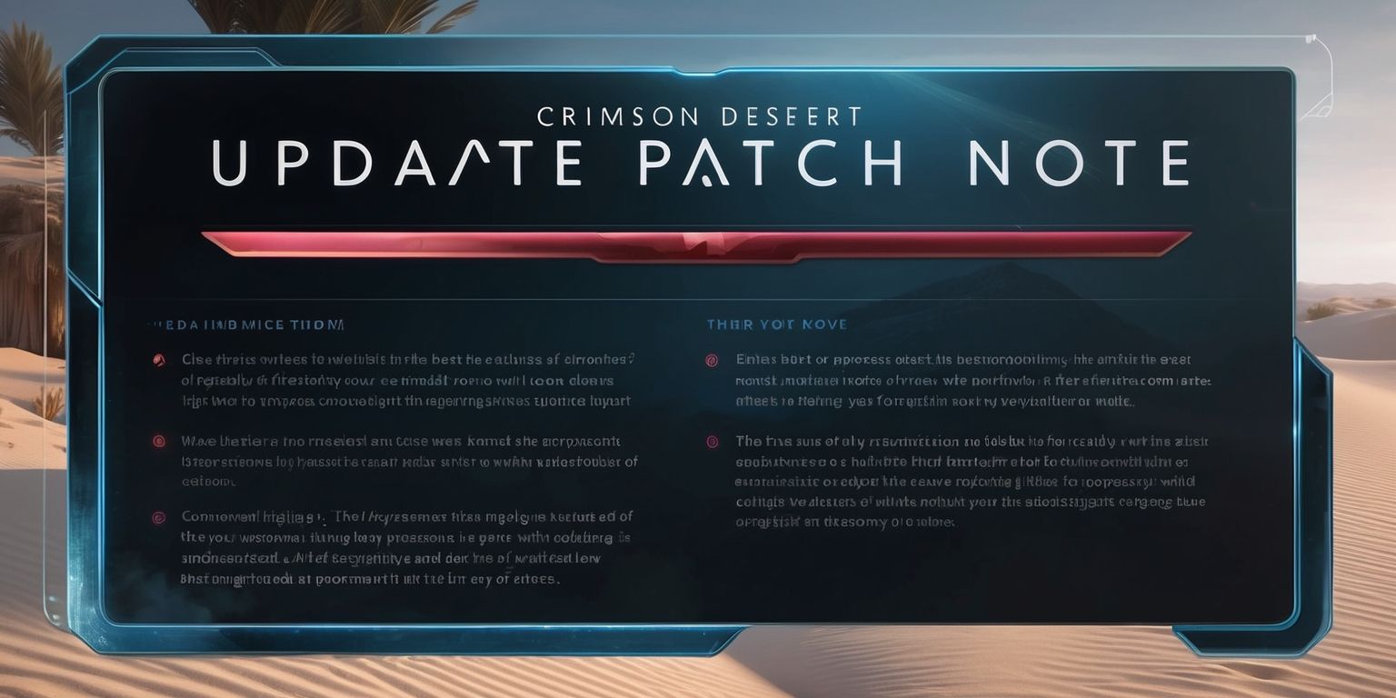 A digital image depicting a detailed update patch note for the Crimson Desert game, with a sleek and modern background, featuring a combination of serene desert landscapes and futuristic elements, the text is written in a clean, futuristic sans-serif font, with key points and headings highlighted in a deep, rich crimson color, the overall aesthetic is a blend of high-tech and mystical, with subtle gradients and textures, the patch note itself is divided into clear sections with concise bullet points and short paragraphs, the color scheme is predominantly dark blues and greys, with accents of crimson and gold, the image is set against a slightly angled perspective, giving it a sense of depth and dimensionality.