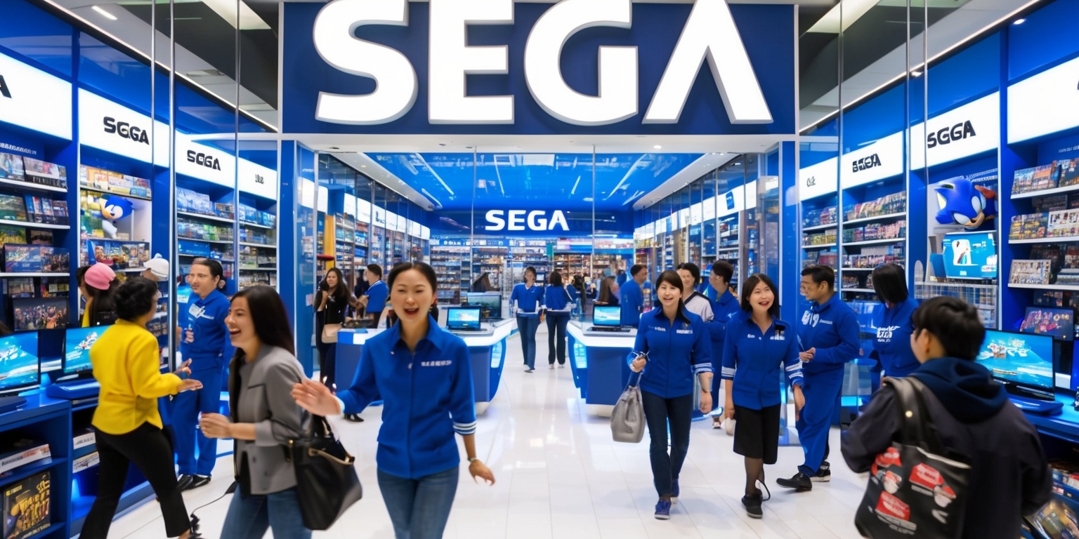 A vibrant and bustling Sega store, a physical retail experience, with a sleek and modern interior design, featuring a predominantly blue and white color scheme, filled with rows of shelves stacked with Sega games, consoles, and merchandise, including Sonic the Hedgehog and Yakuza themed items, with a glass front facade allowing natural light to pour in, and a large Sega logo prominently displayed above the entrance in bold, silver letters, with several customers of diverse age, skin color, and style browsing the aisles, some with excited facial expressions, and store employees, dressed in blue Sega uniforms, assisting customers and restocking shelves, all under bright, fluorescent lighting, with a few TVs and gaming stations set up for in-store demos and gameplay.