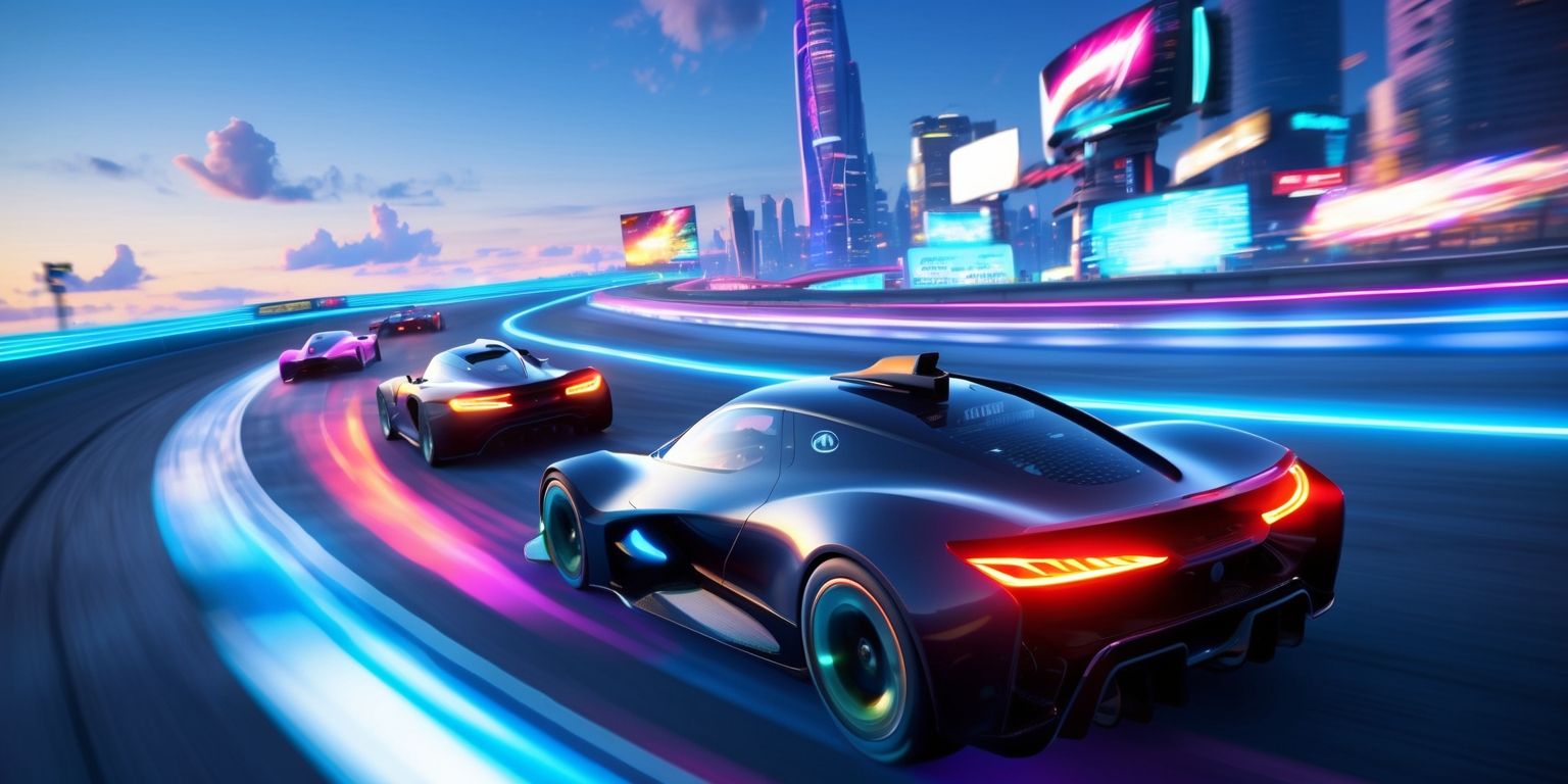 A futuristic racing game scene with sleek, high-tech cars speeding along a winding track set amidst a vibrant, neon-lit cityscape at dusk, with a blur effect conveying motion and speed, the cars' headlights and taillights glowing brightly in hues of red, blue, and green, the city's skyscrapers and billboards reflecting a kaleidoscope of colors, and a clear blue sky with a few puffy clouds in the background, the overall atmosphere energized and dynamic, with a focus on the thrill and excitement of high-speed racing, the cars' details and textures meticulously rendered, and the city's landscape stretching out to the horizon, with a sense of depth and dimensionality.