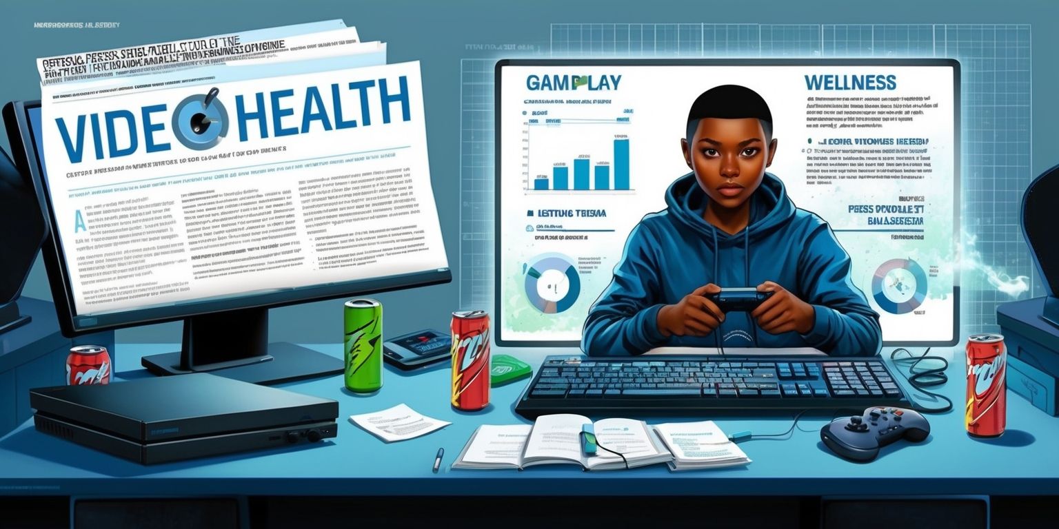A detailed illustration of a research article focused on video game health, set against a backdrop of a gamer's desk with a console and monitor, featuring a mix of digital and physical elements, with a color palette of muted blues and whites, and bold typography highlighting key terms such as gameplay and wellness, incorporating graphics and charts to visualize data and trends, including a central image of a person with a neutral expression and diverse skin tone, engaged in a gaming session, surrounded by notes and empty energy drink cans, with a subtle glow effect on the screen and a faint grid pattern in the background, blending realistic and stylized elements to convey a sense of modern gaming culture and scientific inquiry.