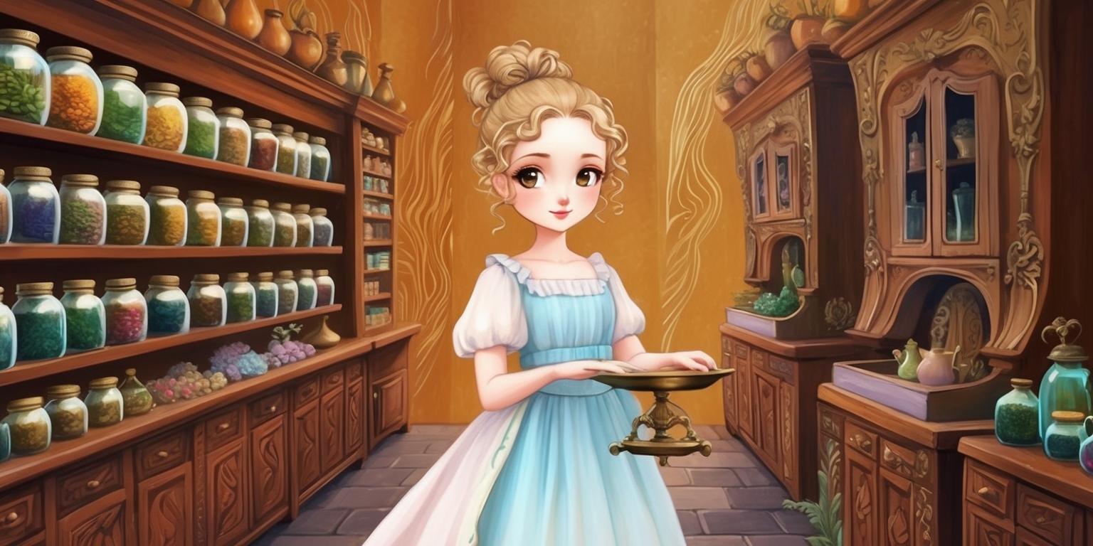 A whimsical illustration of a serene apothecary shop inspired by the lush, vibrant art style of The Apothecary Diaries anime, set against a warm, golden-brown background with subtle woodgrain textures. Shelves lined with ornate jars filled with colorful medicinal herbs and exotic spices stretch towards the ceiling, while intricately carved wooden cabinets with ornate metal fixtures adorn the walls. In the center, a beautiful young apothecary with porcelain skin, expressive brown eyes, and curly, honey-blonde hair tied back in a loose bun, wearing a flowing white apron over a soft, pastel blue dress, carefully holds a delicate, antique brass scale. Rich, earthy tones and soft, romantic lighting evoke a sense of mystique and ancient wisdom, with hints of mystical, fantastical elements scattered throughout the scene.