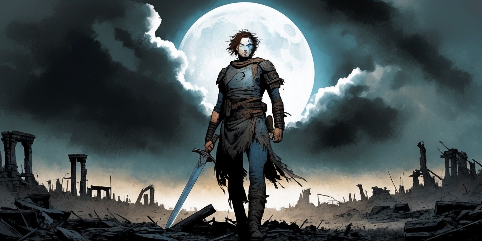 A dramatic scene depicting a heroic figure standing alone in a desolate post-apocalyptic landscape, surrounded by ruins and ominous dark clouds, with a massive full moon rising in the background, the hero is dressed in tattered clothing and holding a worn-out sword, with a determined look on their pale face, sharp jawline, and piercing blue eyes, their hair is messy and brown, the atmosphere is tense and foreboding, with a hint of golden light reflected on the hero's armor, the color palette is dark and muted, with shades of gray, brown, and blue dominating the scene, the style is reminiscent of a comic book illustration, with bold lines and textured brushstrokes, the layout is centered, with the hero standing proudly in the middle, and the background fading into the distance.
