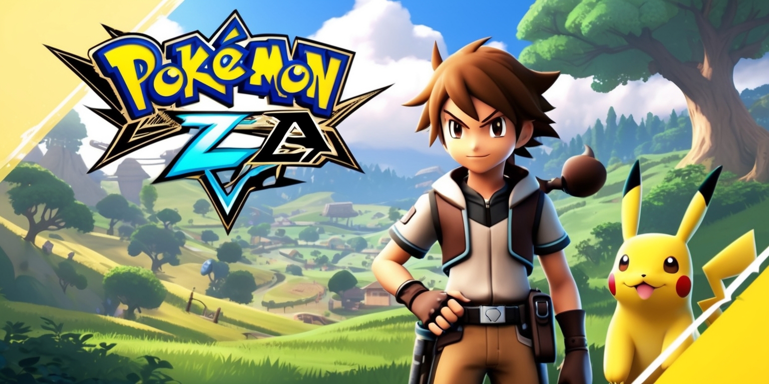 A vibrant and dynamic scene depicting the world of Pokémon Legends: Z-A, with a mix of exploration and action elements, set in a lush, expansive environment with rolling hills and towering trees, featuring the game's protagonist, a young adventurer with a determined expression, brown hair, and olive skin, wearing a sleek outfit with a utility belt, standing confidently with a Pokémon by their side, such as a Lucario or a Pikachu, with a bold and stylized logo of the game's title in the top left corner, using a combination of earthy tones like green, brown, and beige, with accents of bright, electric blue and yellow, and a sense of depth and atmosphere, with subtle textures and intricate details that bring the game's world to life.