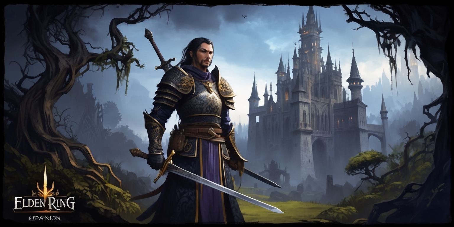 A dark fantasy illustration depicting a scene from the Elden Ring DLC expansion, set in a mystical realm with a haunting atmosphere, featuring a majestic castle in the background with towering spires and grand architecture, surrounded by a lush yet ominous landscape with twisted trees and overgrown vegetation, in the foreground a lone figure of a Tarnished warrior stands proudly with their sword at the ready, adorned in intricately designed armor with a mix of dark and muted colors, their facial features strong and determined, with a hint of weariness, as they gaze out into the distance, the overall color palette is dominated by shades of dark blue and purple, with accents of golden yellow and crimson red, the style is reminiscent of medieval European art with a touch of Asian influence, the layout is dynamic with the warrior placed slightly off-center, and the framing is tight with a shallow depth of field, drawing the viewer's attention to the majestic scenery and the brave warrior.