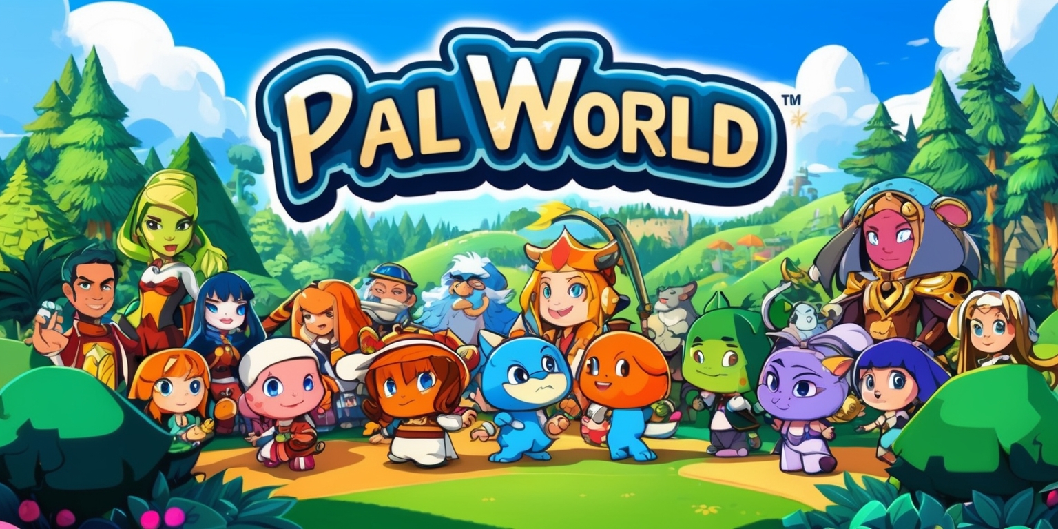 A vibrant and colorful digital artwork depicting the Palworld game, featuring a diverse group of characters with unique facial features and skin colors, set against a stunning backdrop of lush green forests, rolling hills, and towering trees, with a bright blue sky and fluffy white clouds, showcasing various Pals with distinct attributes and abilities, interacting with each other and their surroundings, in a style that blends elements of anime and fantasy, with bold lines, intricate details, and a mix of warm and cool colors, and incorporating the game's logo in a modern, sans-serif font with a metallic sheen, in a composition that is balanced, dynamic, and visually appealing.