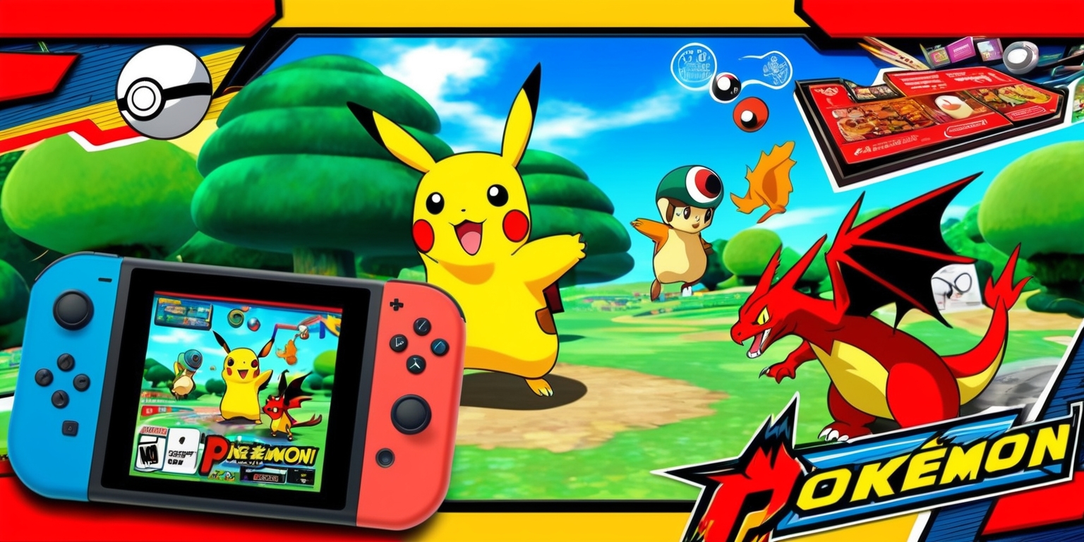 A colorful digital illustration of a Pokémon game scene featuring popular characters such as Pikachu and Charizard, set against a vibrant background with lush green trees, rolling hills, and a bright blue sky, with a mix of 2D and 3D elements, bold lines, and intricate details, including a game console or handheld device in the foreground, displaying a lively battle scene with Poké Balls, icons, and menus, in a dynamic and action-packed composition with a sense of excitement and adventure, incorporating a range of colors including red, blue, yellow, and green, with bold typography and logos of the Pokémon franchise, and a variety of textures and visual effects to enhance the overall visual experience.