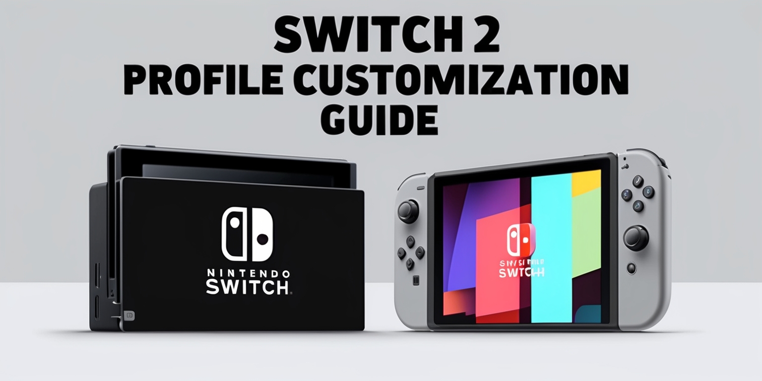 A detailed illustration of a Nintendo Switch console with a split-screen display showing two different user profiles, each with unique icons, backgrounds, and profile pictures, the profiles are side by side with a bold headline that reads Switch 2 Profile Customization Guide in a modern sans-serif font, the background of the image is a soft gray tone with accents of bright colors, the Switch console is centered and the two profiles take up most of the screen, with small icons and buttons visible on the console, the overall style is sleek and minimalist, with a focus on showcasing the customization options available on the Switch 2.