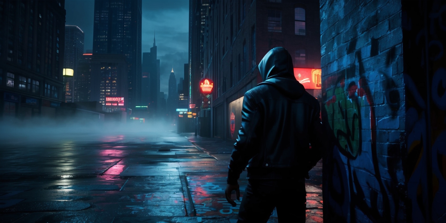 A dark, gritty, and atmospheric cityscape at dusk, evoking the feeling of a classic stealth game, with a lone, shadowy figure clad in a black leather jacket and a hoodie, peering around the corner of a graffiti-covered alleyway, surrounded by towering skyscrapers and neon signs reflecting off the wet pavement, with a subtle misty fog rolling in, hinting at an air of mystery and tension, the overall color palette dominated by deep blues, dark greys, and muted greens, with accents of bright neon lights, and a sense of cinematic framing, with the figure positioned at the edge of the frame, gazing out into the city's underbelly.