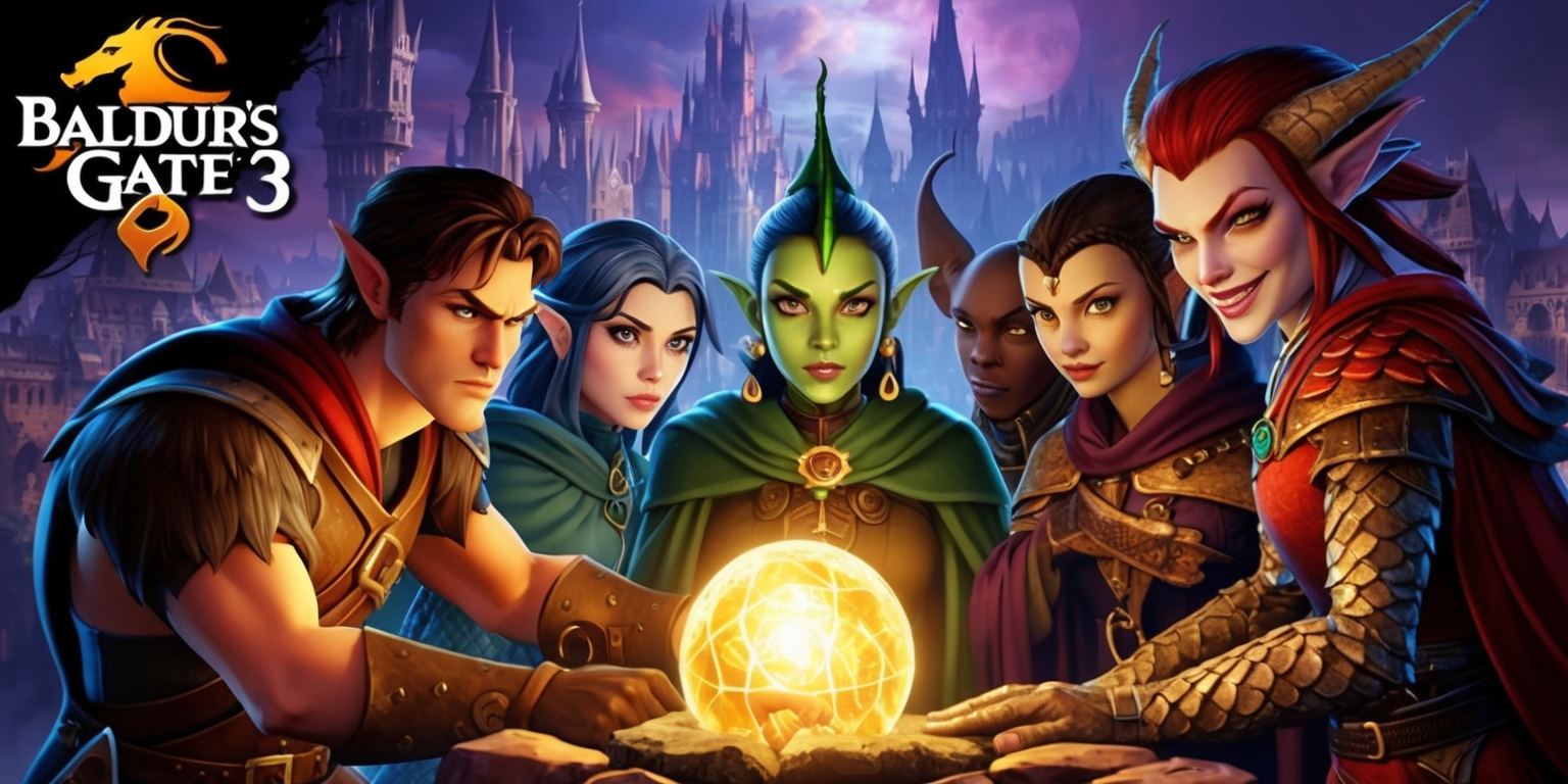 A fantasy role-playing game scene from Baldur's Gate 3, set in a mystical realm with a vibrant color palette, intricate details, and a mix of medieval and magical elements, featuring a group of diverse characters with unique facial features, skin colors, and attire, including a human warrior with a strong jawline and determined expression, an elf mage with piercing green eyes and pointed ears, and a dragonborn rogue with scaly skin and a mischievous grin, all gathered around a glowing magical artifact, with the game's logo, a stylized dragon symbol, prominently displayed in the top left corner of the image, in a stylized font with bold lines and metallic colors, against a backdrop of a sprawling cityscape with towering spires and grand architecture.