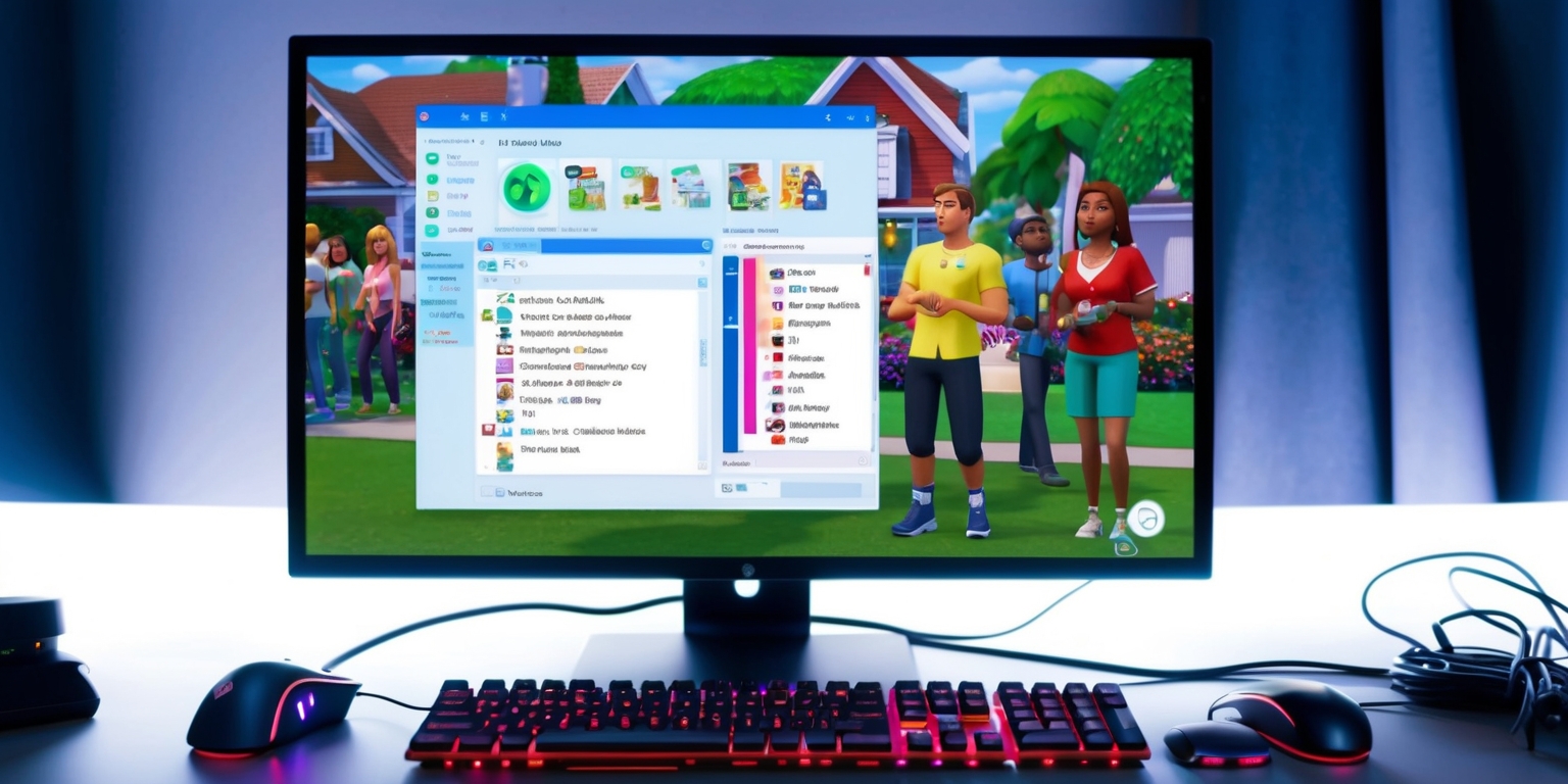 A computer screen displaying The Sims 4 game with a mods folder open, showing various custom content files and cache maintenance tools, the background of the screen features a Sims 4 neighborhood with Sims characters of diverse skin colors and facial features, engaged in different activities, the computer keyboard and mouse are placed in front of the screen, with a few gaming accessories and cables nearby, the overall color scheme is a mix of the game's signature bright colors and the neutral tones of the computer hardware, with a subtle glow emitted from the screen, illuminating the surrounding environment.