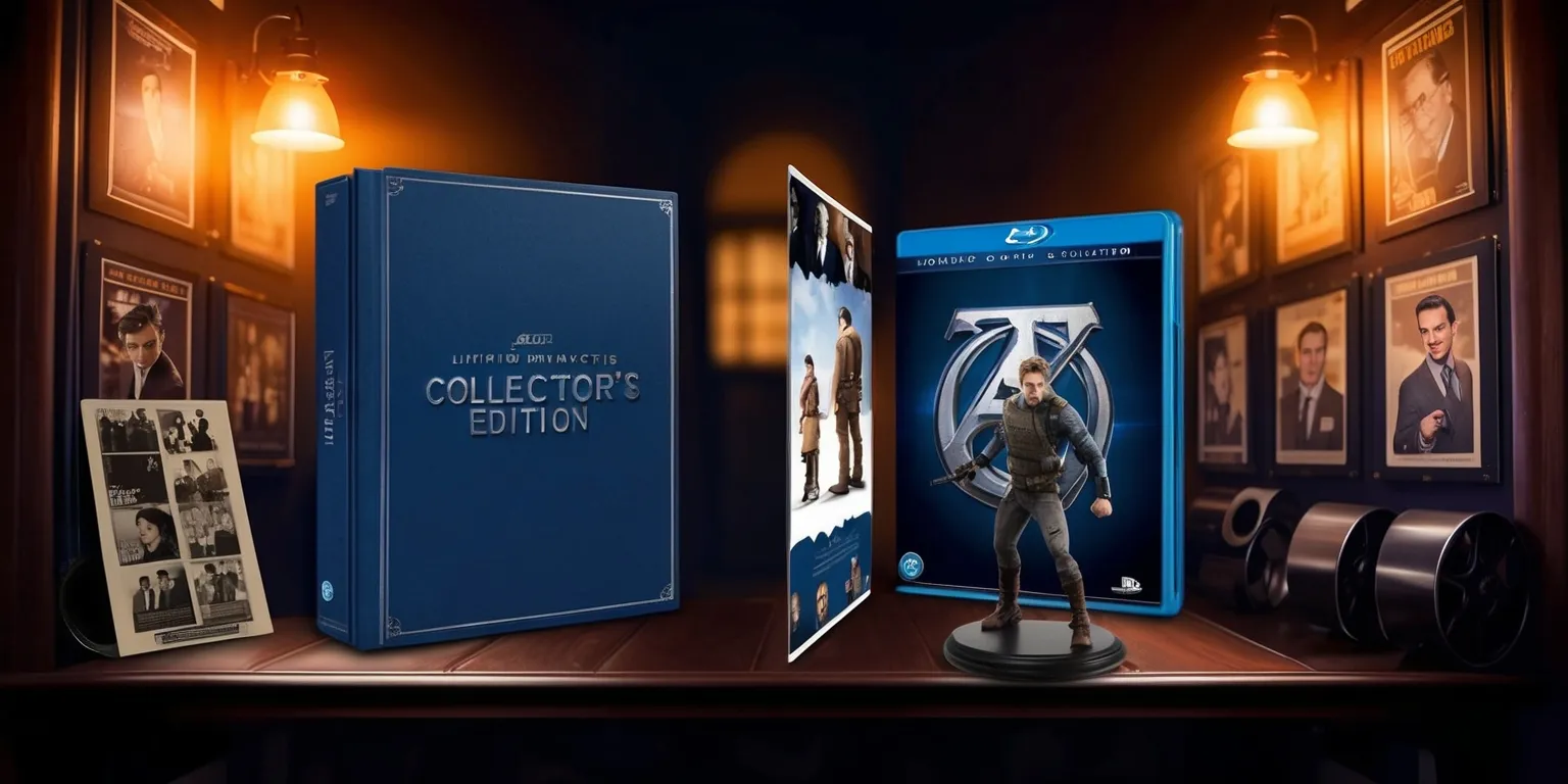 A meticulously designed movie collector's edition set, featuring a deluxe Blu-ray case with a matte finish and embossed title, placed on a wooden shelf surrounded by dimly lit vintage film reels and classic movie posters, with a hint of warm golden lighting, the edition includes a behind-the-scenes booklet with rare photographs and actor interviews, and a limited edition figurine of the movie's iconic character, posed in a heroic stance, with the movie's logo prominently displayed in bold, metallic silver letters, against a deep, rich blue background, evoking a sense of nostalgia and cinematic drama.