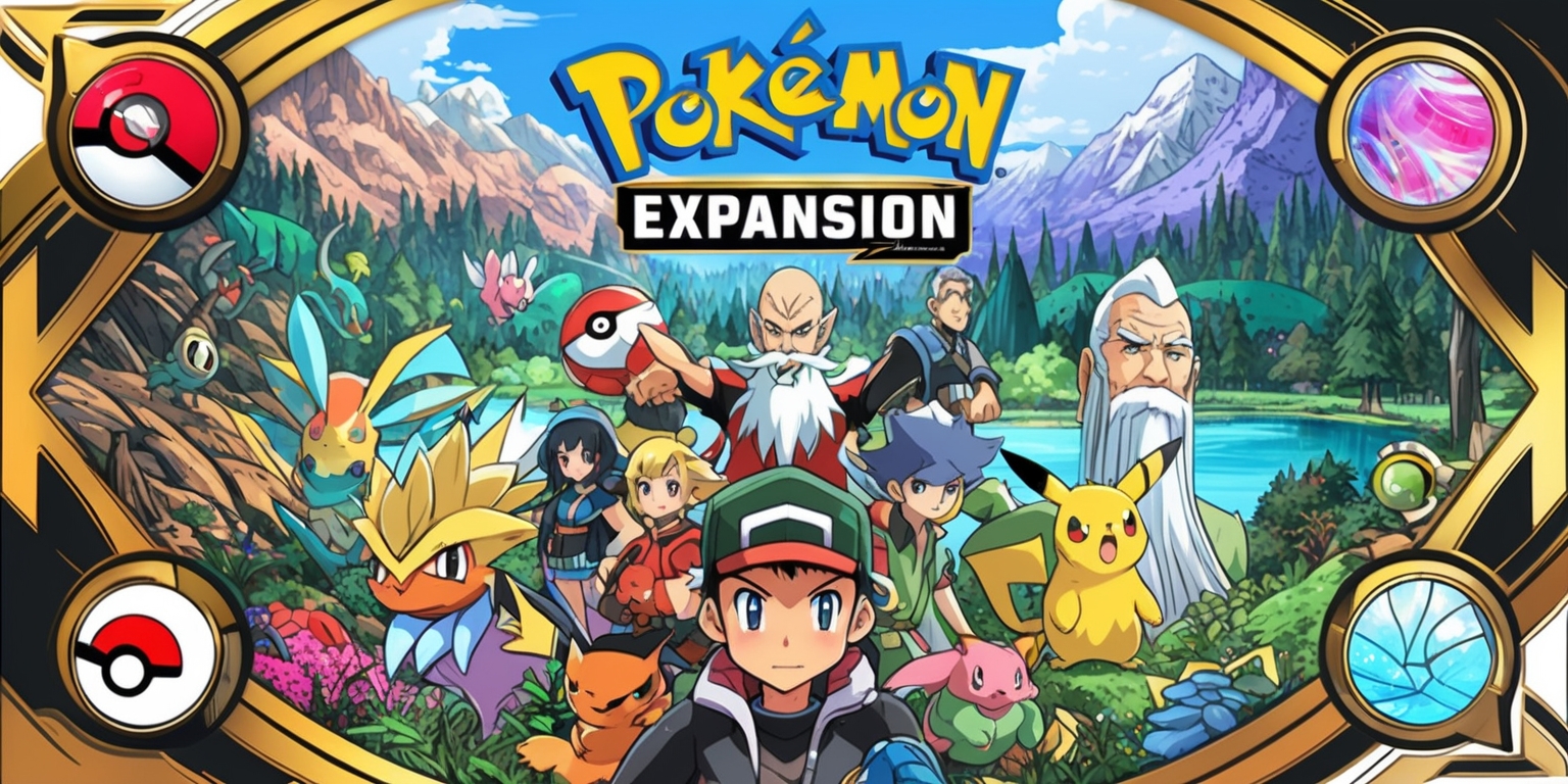 A vibrant illustration of a Pokémon game expansion, showcasing a dynamic scene with various Pokémon and trainers, set against a richly detailed background of lush forests, majestic mountains, and serene lakes, with a plethora of colors, including earthy tones, pastel hues, and bright accents, in a stylized anime-inspired art style, with bold lines, intricate textures, and delicate shading, featuring a diverse cast of characters with unique facial features, skin colors, and distinct attributes, such as a young trainer with a determined expression, a wise elder with a long white beard, and a Pokémon with iridescent scales, surrounded by iconic symbols, logos, and typography, including the Pokémon logo in a bold, golden font, and a tagline in a curved, cursive script, with the overall composition carefully balanced and framed to evoke a sense of adventure, excitement, and wonder.