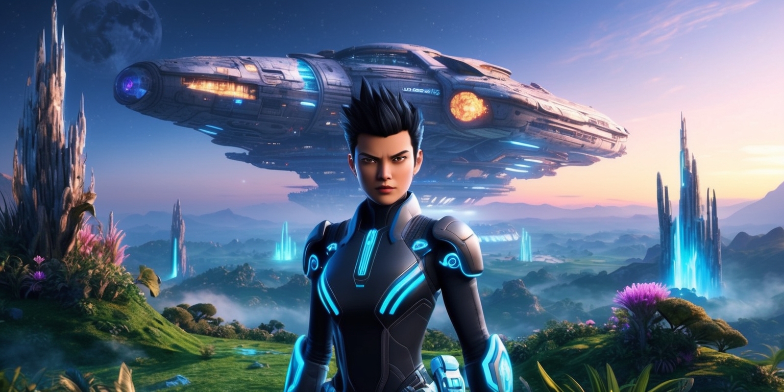 A futuristic, vibrant landscape sets the stage for an epic Sci-Fi Adventure Platformer game, where a heroic figure, with defined facial features, including piercing blue eyes and short, spiky, jet-black hair, dons a sleek, high-tech exosuit adorned with neon blue accents, standing atop a lush, alien planet's terrain, teeming with strange, glowing flora and towering, crystalline structures that pierce the atmosphere, as a colossal, magnificent spaceship looms in the background, its metallic hull reflecting hues of silver, copper, and gold, with eerie, pulsing lights illuminating its engines, all under a breathtaking, starry night sky, with a subtle, gradient blue-purple hue, and a hint of misty atmosphere, evoking a sense of wonder, discovery, and intergalactic exploration.