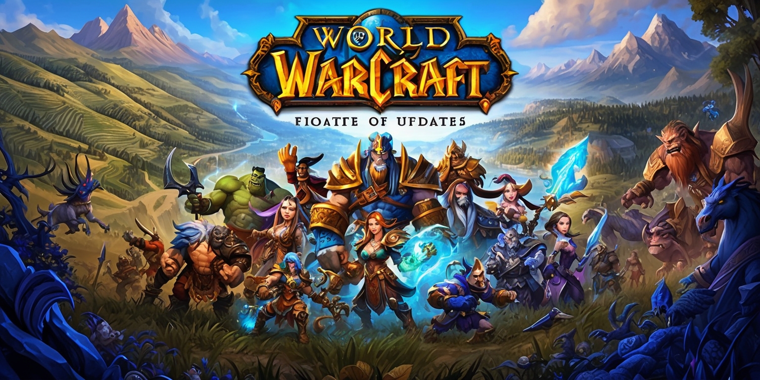 A vibrant digital illustration depicting a pivotal scene from a World of Warcraft game update, set against a backdrop of sprawling fantasy landscapes with rolling hills, majestic mountain ranges, and mystical forests, featuring a variety of iconic characters from the game, including humans, orcs, and elves, each with unique facial features, skin tones, and intricate armor details, surrounded by magical creatures, weapons, and artifacts, with a color palette that blends earthy tones of brown and green with vibrant hues of blue and gold, in a dynamic composition that showcases the epic scope and dramatic action of the game, with the World of Warcraft logo prominently displayed in bold, metallic letters at the top, and a tagline written in a curved line above the logo in a stylized, cursive font.