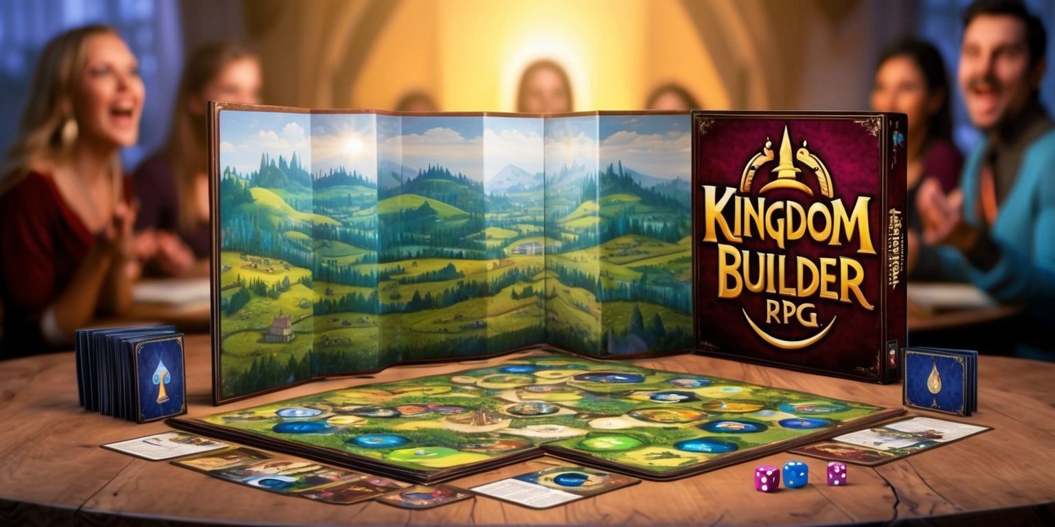 A fantasy-themed tabletop role-playing game setup for Kingdom Builder RPG, featuring a large, foldable game board with a medieval-inspired landscape of rolling hills, forests, and mountains, surrounded by various player boards, character cards, and dice, with a warm, golden lighting effect, and a mix of vibrant colors such as blue, green, and purple, on a wooden table with a subtle, rustic texture, and in the background, blurred, faint images of players engaged in the game, with excited facial expressions, and diverse skin tones, and on the game box, a stylized, bold, golden font with the game's logo, and the title Kingdom Builder RPG, in a curved line above it.