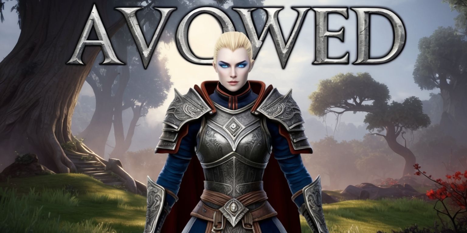 A dark fantasy action role-playing game scene from Avowed, set in a mystical realm with a medieval-inspired landscape, featuring a brave warrior with sharp facial features, fair skin, and piercing blue eyes, wearing a suit of intricately designed armor with a silver emblem on the chest, standing heroically in front of a lush forest with towering trees, misty atmosphere, and a warm color palette, with the game's title Avowed emblazoned in bold, gothic-style letters across the top of the image in a metallic silver color, and the overall style inspired by medieval mythology and folklore, with a sense of adventure and danger lurking in the shadows.