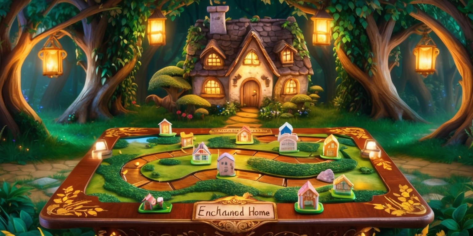 In the heart of a mystical forest, a warm and inviting cottage serves as the setting for a magical board game, Enchanted Home, where players embark on a whimsical adventure. The game board, made of rich, polished wood, features intricate carvings of vines and mushrooms, surrounded by a soft, golden glow. The game pieces, shaped like tiny houses, animals, and fantastical creatures, are placed on a path that winds through a miniature, rolling landscape. The backdrop of the cottage is adorned with lush greenery, and soft, candlelit lanterns hang from the branches above, casting a warm, ethereal light on the entire scene. The atmosphere is cozy and intimate, with a sense of wonder and magic in the air.