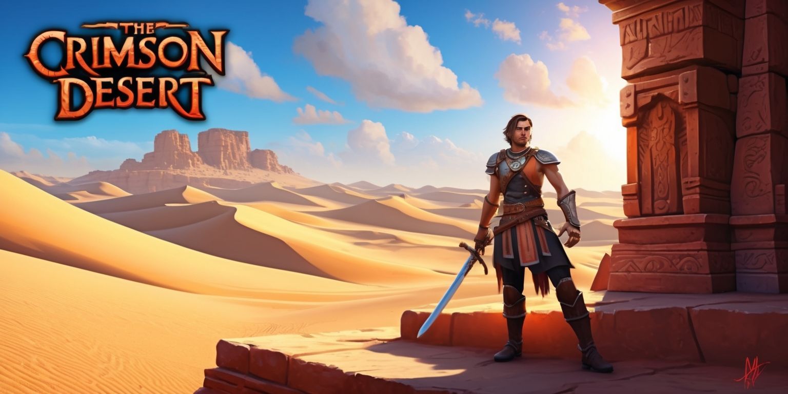 A vibrant and detailed landscape from the Crimson Desert game, set in a vast desert with majestic sand dunes and a clear blue sky with a few clouds, featuring a lone figure of a brave adventurer with a determined expression, wearing a mix of leather and metal armor, with a sword at their side, standing at the edge of a massive sandstone structure with intricate carvings, the warm sunlight casting a golden glow on the scene, with shades of orange, red, and yellow dominating the color palette, and a sense of excitement and danger lurking in the air, as the adventurer prepares to explore the mysterious and ancient ruins, with a subtle hint of magic and wonder.