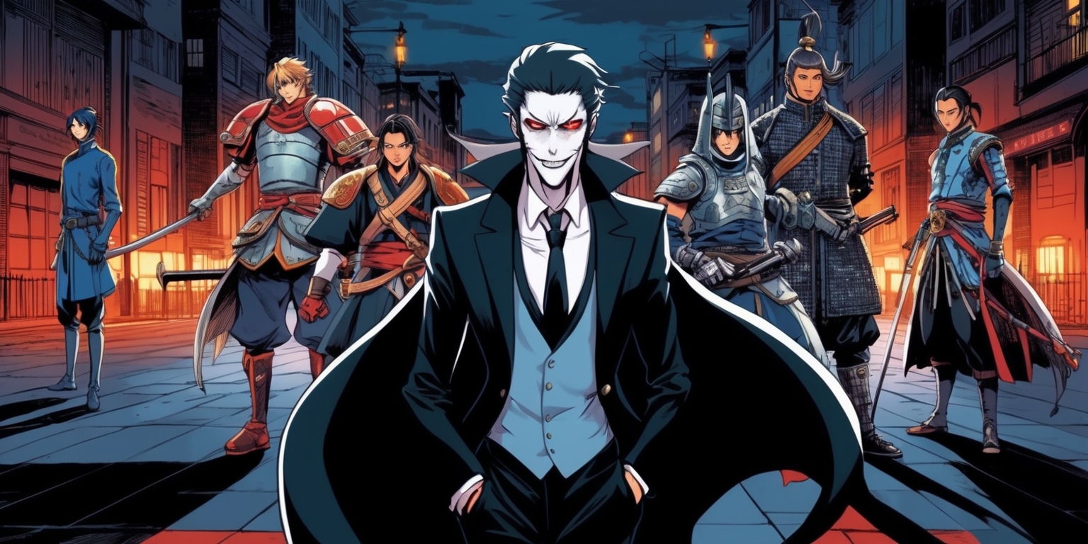 A dynamic illustration featuring iconic characters from the Hellsing and Drifters manga series, set against a dark, ominous cityscape at dusk, with warm streetlights casting long shadows across the pavement. Alucard, the pale-skinned, crimson-eyed vampire from Hellsing, stands confidently in the foreground, donning his signature black suit and tie, with a hint of a menacing smile. Behind him, a group of characters from Drifters, including the enigmatic Shimazu Toyohisa, the brave and valiant lord from ancient Japan, and the cunning and agile Nobunaga Oda, the legendary daimyō, stand ready for battle, each with their unique armor and weaponry. The color palette is a mix of deep blues, grays, and reds, evoking a sense of foreboding and intensity, with intricate details and textures that bring the characters to life. The overall style is a blend of dark fantasy and historical fantasy, with bold lines, expressive facial features, and a sense of energy and movement.